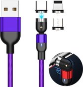 2m 2A-uitgang 3-in-1 USB naar 8-pins + USB-C / Type-C + micro-USB nylon gevlochten roterende magnetische oplaadkabel (paars)