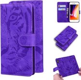 Voor iPhone 8 Plus / 7 Plus Tiger Embossing Pattern Horizontale Flip lederen tas met houder & kaartsleuven & portemonnee (paars)
