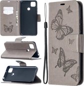 Voor Xiaomi Redmi 9C Twee Vlinders Embossing Patroon Horizontale Flip Leren Case met Houder & Kaartsleuf & Portemonnee & Lanyard (Grijs)