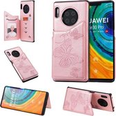 Voor Huawei Mate30 Pro vlinder reliëfpatroon schokbestendig beschermhoes met houder & kaartsleuven & fotolijst (rose goud)