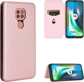 Voor Motorola Moto G9 / G9 Play Carbon Fiber Texture Magnetische Horizontale Flip TPU + PC + PU Leather Case met Card Slot & Lanyard (Pink)