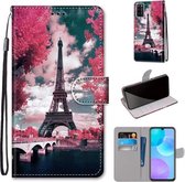 Voor Huawei Honor 30 Lite Gekleurde Tekening Cross Textuur Horizontale Flip PU Lederen Case met Houder & Kaartsleuven & Portemonnee & Lanyard (Pink Flower Tower Bridge)