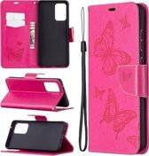 Voor Samsung Galaxy A72 5G Embossing Two Butterflies Pattern Horizontale Flip PU Leather Case met Houder & Card Slot & Wallet & Lanyard (Rose Red)