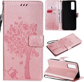 Voor Huawei P Smart 2021 Boom & Kat Patroon Geperst Afdrukken Horizontale Flip PU Leren Case met Houder & Kaartsleuven & Portemonnee & Lanyard (Rose Goud)