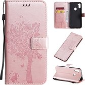 Voor Galaxy M11 / A11 Tree & Cat Pattern Pressed Printing Horizontale Flip PU Leather Case met houder & kaartsleuven & portemonnee & Lanyard (Rose Gold)