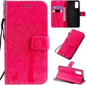 Voor Galaxy S20 Tree & Cat Pattern Pressed Printing Horizontale Flip PU Leather Case met houder & kaartsleuven & portemonnee & Lanyard (Rose Red)