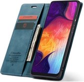 CaseMe-013 Multifunctionele Retro Frosted Horizontale Flip Leren Case voor Galaxy A30S / A50S / A50, met Kaartsleuf & Houder & Rits Portemonnee & Fotolijst (Blauw)