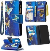 Voor Samsung Galaxy A40 Gekleurde Tekening Patroon Rits Horizontale Flip Leren Case met Houder & Kaartsleuven & Portemonnee (Goud Vlinder)