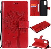 Voor OPPO Reno5 5G Boom & Kat Patroon Geperst Afdrukken Horizontale Flip PU Lederen Case met Houder & Kaartsleuven & Portemonnee & Lanyard (Rood)