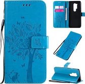 Voor OnePlus 8 Pro Tree & Cat Pattern Pressed Printing Horizontale Flip PU lederen hoes met houder & kaartsleuven & portemonnee & lanyard (blauw)