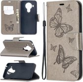 Voor Nokia 5.4 Two Butterflies Embossing Pattern Horizontale Flip lederen tas met houder & kaartsleuf & portemonnee & lanyard (grijs)