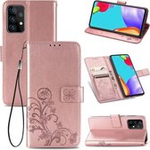 Voor Samsung Galaxy A52 5G vierbladige sluiting reliëf gesp mobiele telefoon bescherming lederen tas met lanyard & kaartsleuf & portemonnee & beugel functie (rose goud)