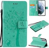 Voor Samsung Galaxy S21 5G Boom & Kat Patroon Geperst Afdrukken Horizontale Flip PU Lederen Case met Houder & Kaartsleuven & Portemonnee & Lanyard (Groen)