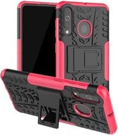 Schokbestendige pc + TPU-bandpatroonhoes voor Galaxy A60, met houder (roze)