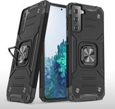 Samsung S21 Hoesje - Heavy Duty Armor hoesje Zwart - Galaxy S21 silicone TPU hybride hoesje Kickstand ringhouder met Magnetisch Auto Mount