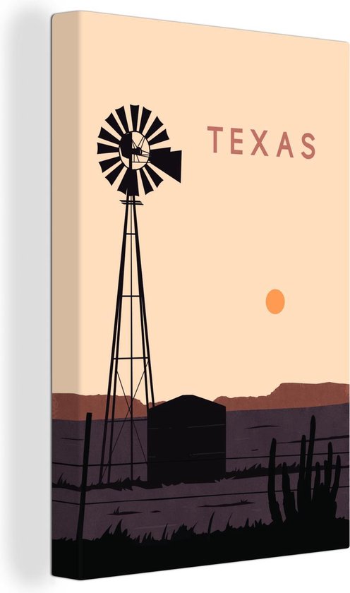 Canvas Schilderij Windmolen - Texas - USA - Illustratie - Amerika - 20x30 cm - Wanddecoratie