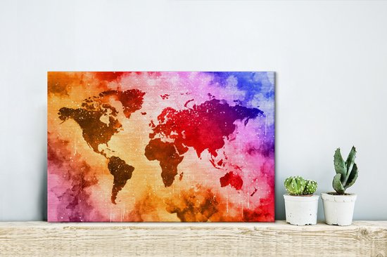 Wereldkaart aux couleurs chaudes de la peinture sur fond avec motif texturé 30x20 cm