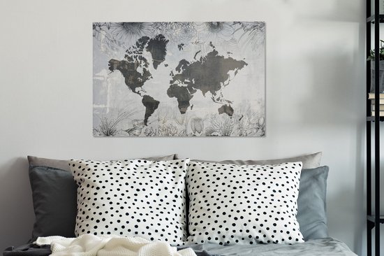 Wereldkaart avec motif béton gris foncé décorée d'illustrations de fleurs 90x60 cm