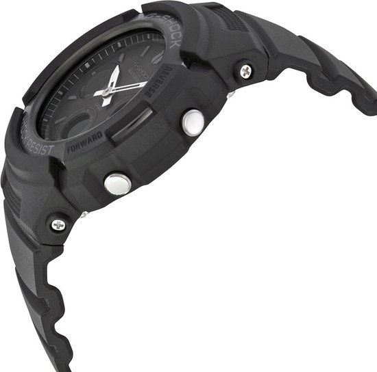 Zijprofiel van een zwart G-Shock horloge met knoppen aan de zijkant.