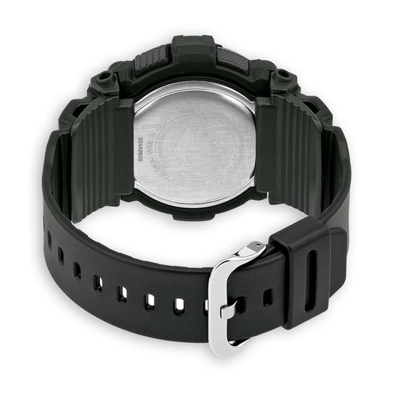 Zwart G-Shock horloge met digitale display, 'START-STOP' en 'SPLIT-RESET' knoppen.