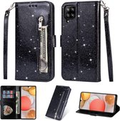 Samsung Galaxy A42 Glitter Bookcase met rits - hoesje - portemonneehoesje - Zwart
