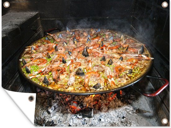 Tuin decoratie Zeevruchtenrijst gekookt in een brandhou. Paella is een van de traditionele gerechten van Spanje - 40x30 cm - Tuindoek - Buitenposter