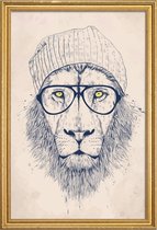 JUNIQE - Poster met houten lijst Coole leeuw - tekening -30x45 /Ivoor