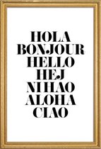 JUNIQE - Poster met houten lijst Hellos talen -30x45 /Wit & Zwart