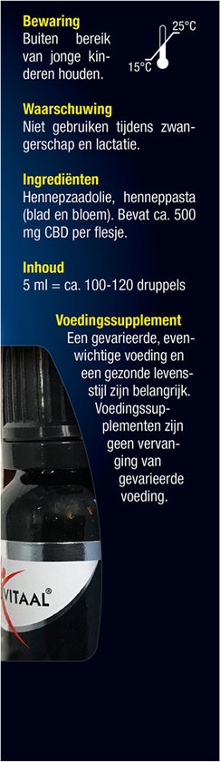 Flesje met druppelaar met waarschuwing, ingrediënten en inhoud voor Lucovitaal CBD olie 10%, 5 ml.