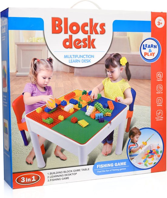 Kindertafel met 1 Stoeltje - Speeltafel met bouwplaat en vlakke kant - Geschikt voor Lego® & Duplo® Bouwstenen