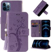 Reliëf Lucky Tree Horizontale Flip Leren Case met Houder & Kaartsleuf & Portemonnee & Lanyard Voor iPhone 12 Pro Max (Paars)