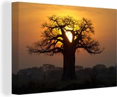 Canvas Schilderij De zon komt op tussen de verschillende takken van de Afrikaanse baobab of Adansonia digitata - 30x20 cm - Wanddecoratie