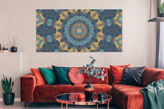 Canvas schilderij 160x80 cm - Wanddecoratie Cirkel - Blauw - Mandala - Muurdecoratie woonkamer - Slaapkamer decoratie - Kamer accessoires - Schilderijen op canvas