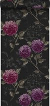 ESTAhome behang hortensia's zwart en aubergine paars - 128025 - 53 cm x 10,05 m
