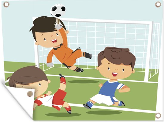 Muurdecoratie buiten Een illustratie van drie voetballende kinderen - Kids - Baby - Jongens - Meisjes - 160x120 cm - Tuindoek - Buitenposter