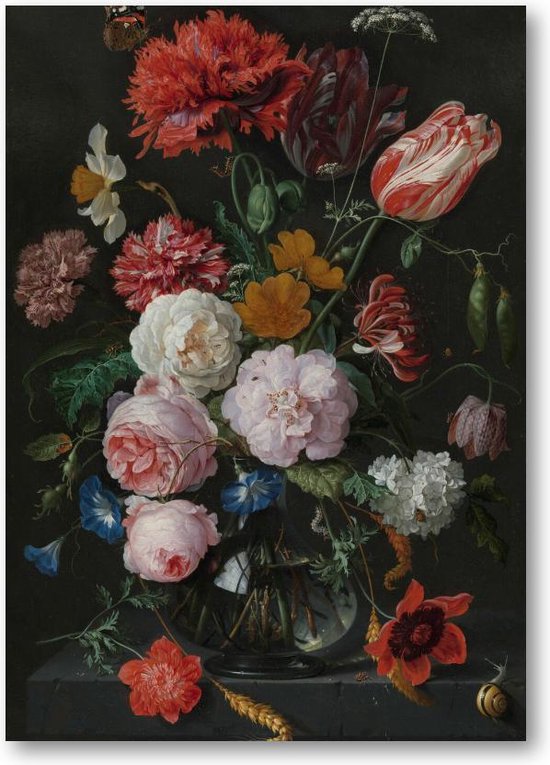 Stilleven met bloemen in een glazen vaas - A4 Poster Staand - 21x30cm - Jan Davidsz - Meesterwerken - Bloemen