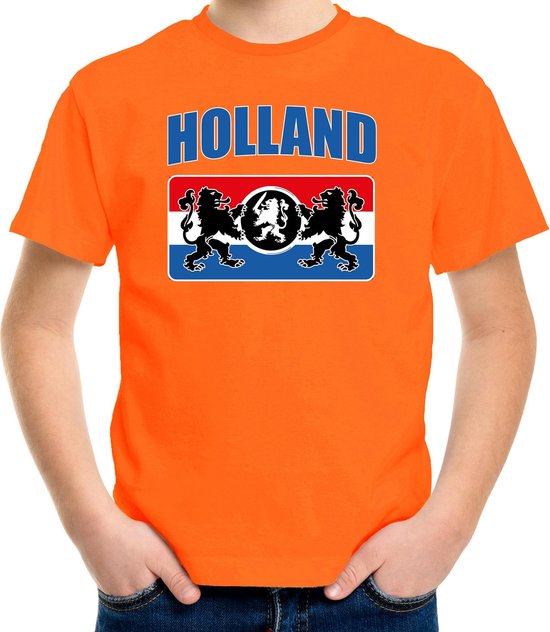 Oranje fan t-shirt - voor kinderen - Holland met een Nederlands wapen - Nederland supporter - Koningsdag - sport shirt / outfit 158/164