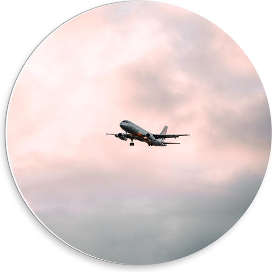 Forex Wandcirkel - Opstijgend Vliegtuig in de Wolken - Foto op Wandcirkel (met ophangsysteem)