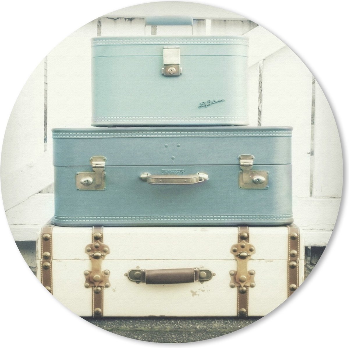 Muismat Koffer vintage - Blauwe vintage koffers Muismat rond - 20x20 cm - Muismat met foto