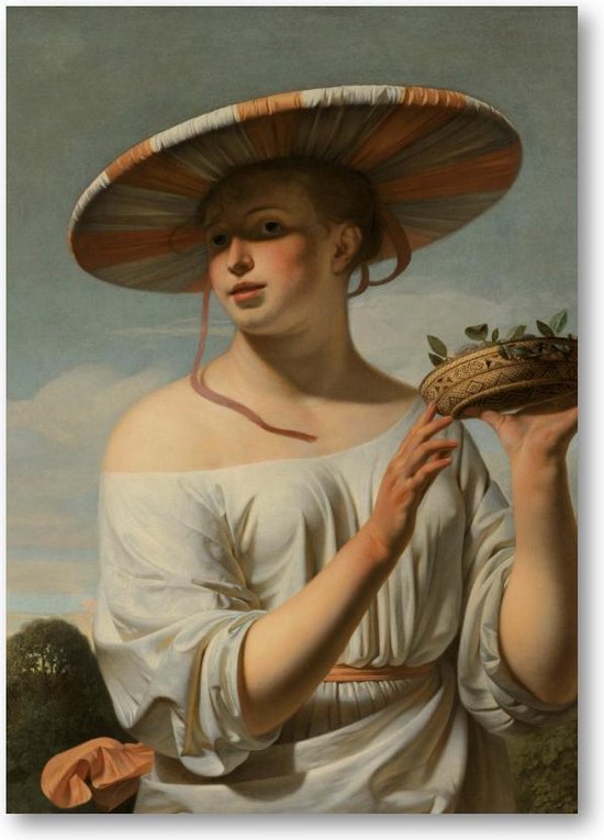 Meisje met een brede hoed - A4 Poster Staand - 21x30cm - Caesar Boëtius van Everdingen - Meesterwerken