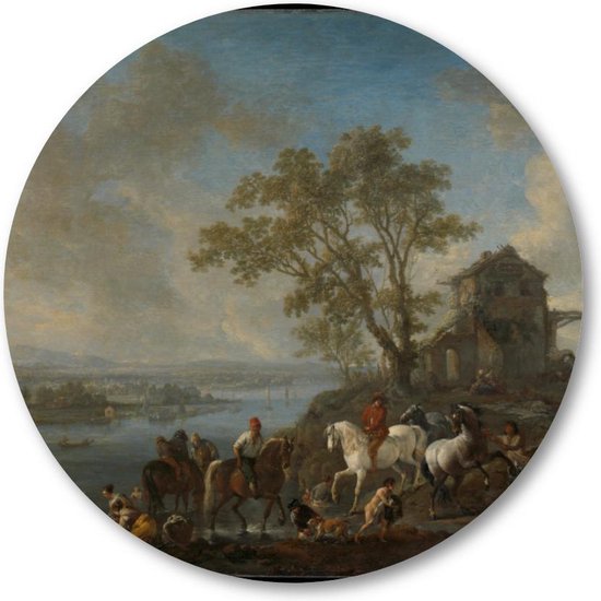 Paardenwed bij een rivier - Muurcirkel 40cm - Wandcirkel voor buiten - Aluminium Dibond - Philips Wouwerman - Meesterwerken