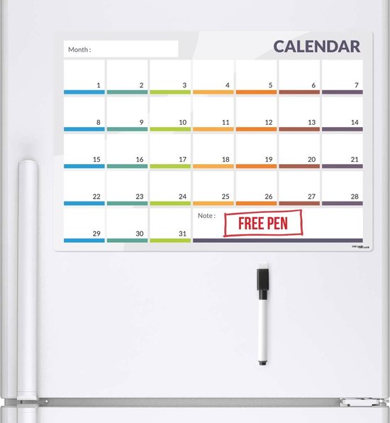 CKB Ltd Magnetic Monthly Planner - Calendar 31 days - Magnetic Fridge Month planner - Whiteboard with free marker - 49 x 29cm - Memo board