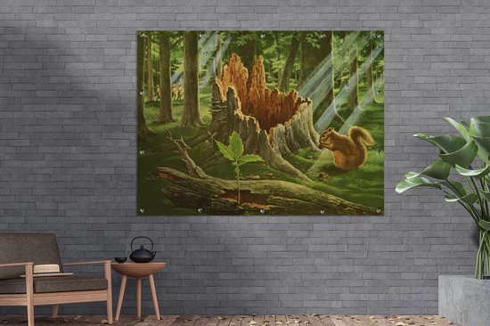 Une illustration d'un écureuil à côté d'une souche d'arbre affiche de jardin 160x120 cm - Toile de jardin / Toile d'extérieur / Peintures d'extérieur (décoration de jardin) XXL / Groot format!