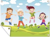 Muurdecoratie buiten Illustratie van kinderen uit een familie die springen - 160x120 cm - Tuindoek - Buitenposter
