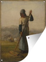 Muurdecoratie buiten Vrouw met hark - schilderij van Jean-François Millet - 120x160 cm - Tuindoek - Buitenposter