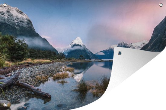 Tuinposter Zonsopgang in Nationaal park Fiordland in Oceanië - 70x40 cm - Wanddecoratie Buiten - Tuinposter - Tuindoek - Schuttingposter - Tuinschilderij