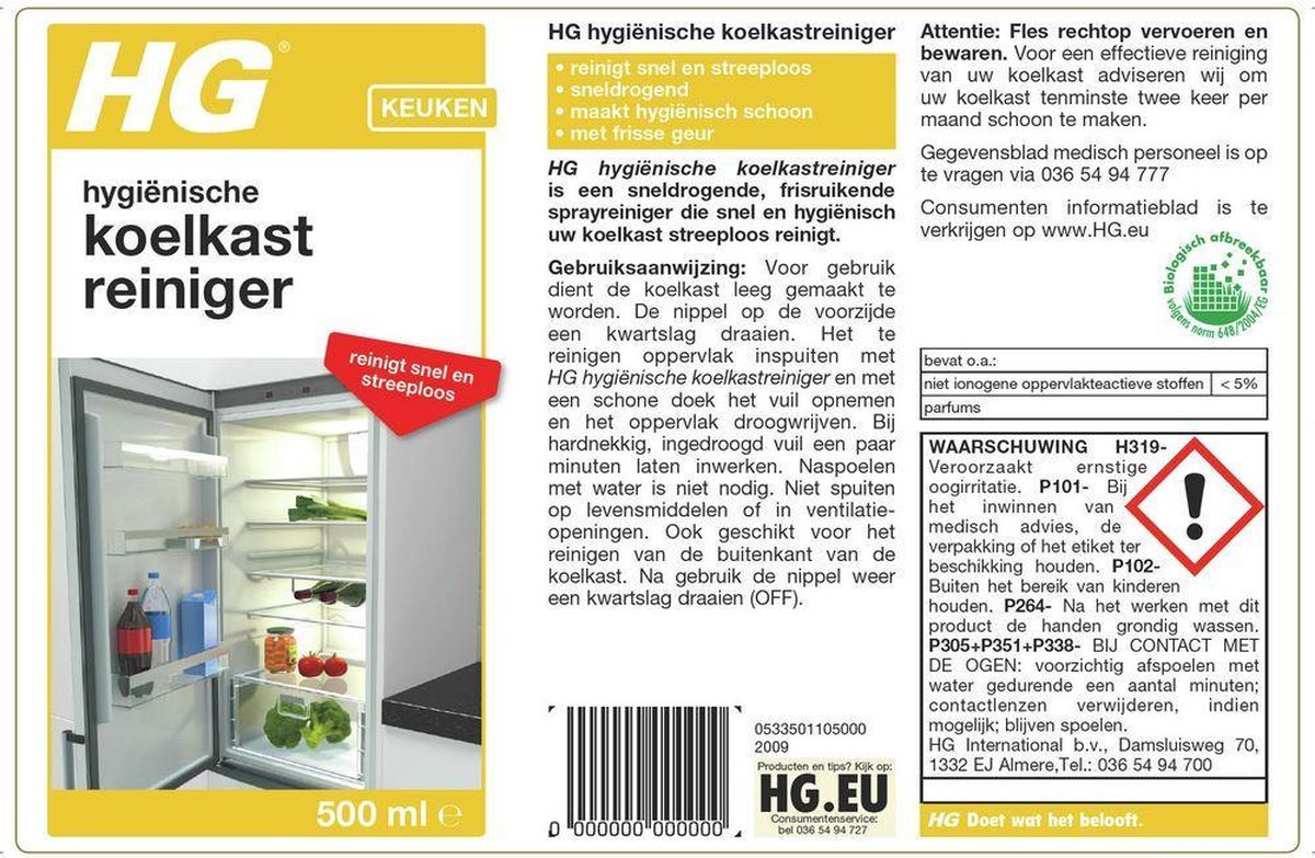 HG hygiënische koelkastreiniger - 500 ml - geschikt voor alle koelkasten |  bol.com