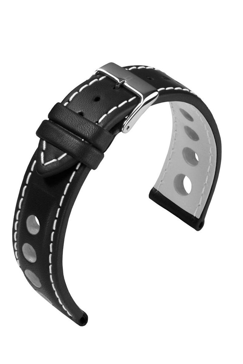EULIT horlogeband - leer - 22 mm - zwart met wit stiksel - metalen gesp