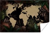 Poster - Wereldkaart - Zwart - Tropische Planten - 120x80 cm