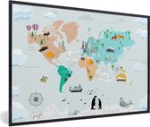 Wereldkaart Kinderen - Symbolen - Kompas - Schoolplaat - Kinderkamer - 60x40 cm